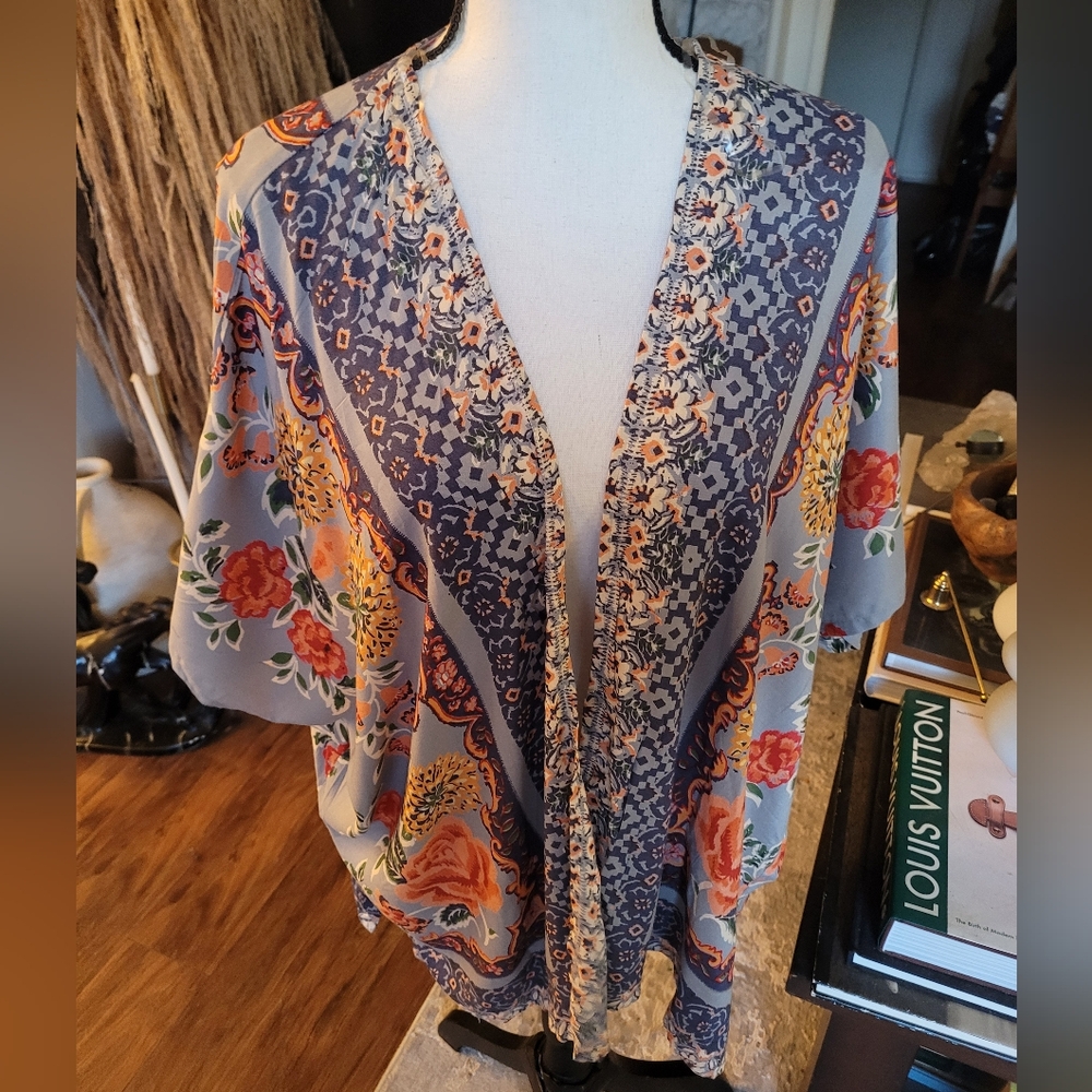Angie Floral Kimono Jacket - Blue and Orange
